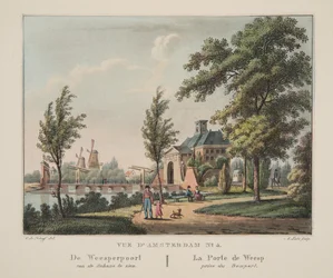 Vue d&39;Amsterdam No.4。 Weesperpoortが走ってSchansを見ました。ラポルトドウェスプ賞デュランパール、1825年（手描きの彫刻）